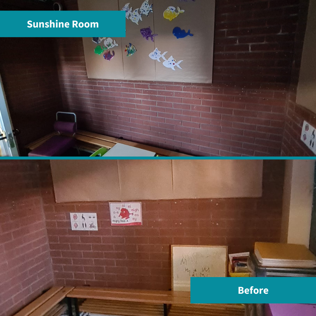 Childrens Mental Health Week. Sunshine Room Before Shots. This room is dark, with bear brick walls wooden benches and inadequet storage.