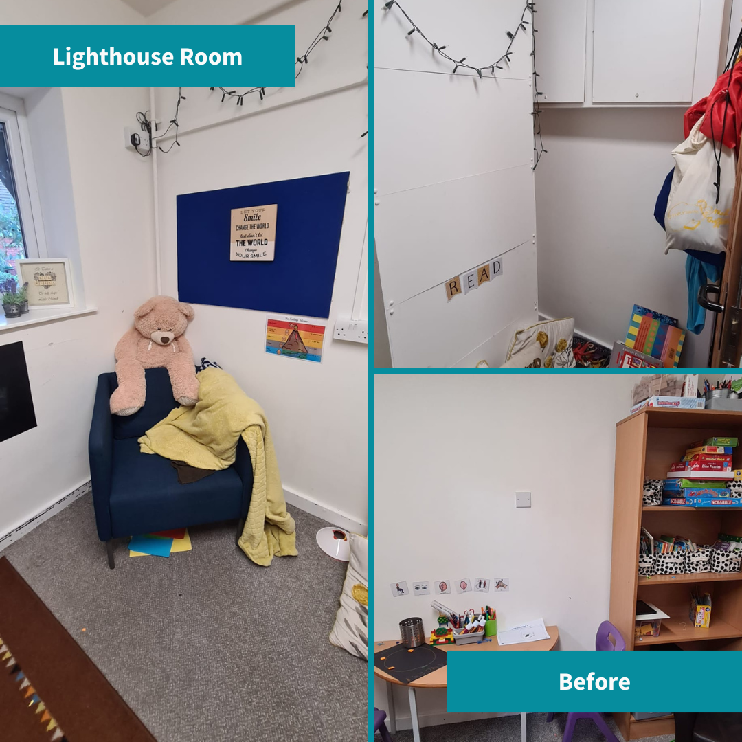 Children's Mental Health Week.Lighthouse Room Before shots. Room is bear, white and uninviting with harsh lighting.