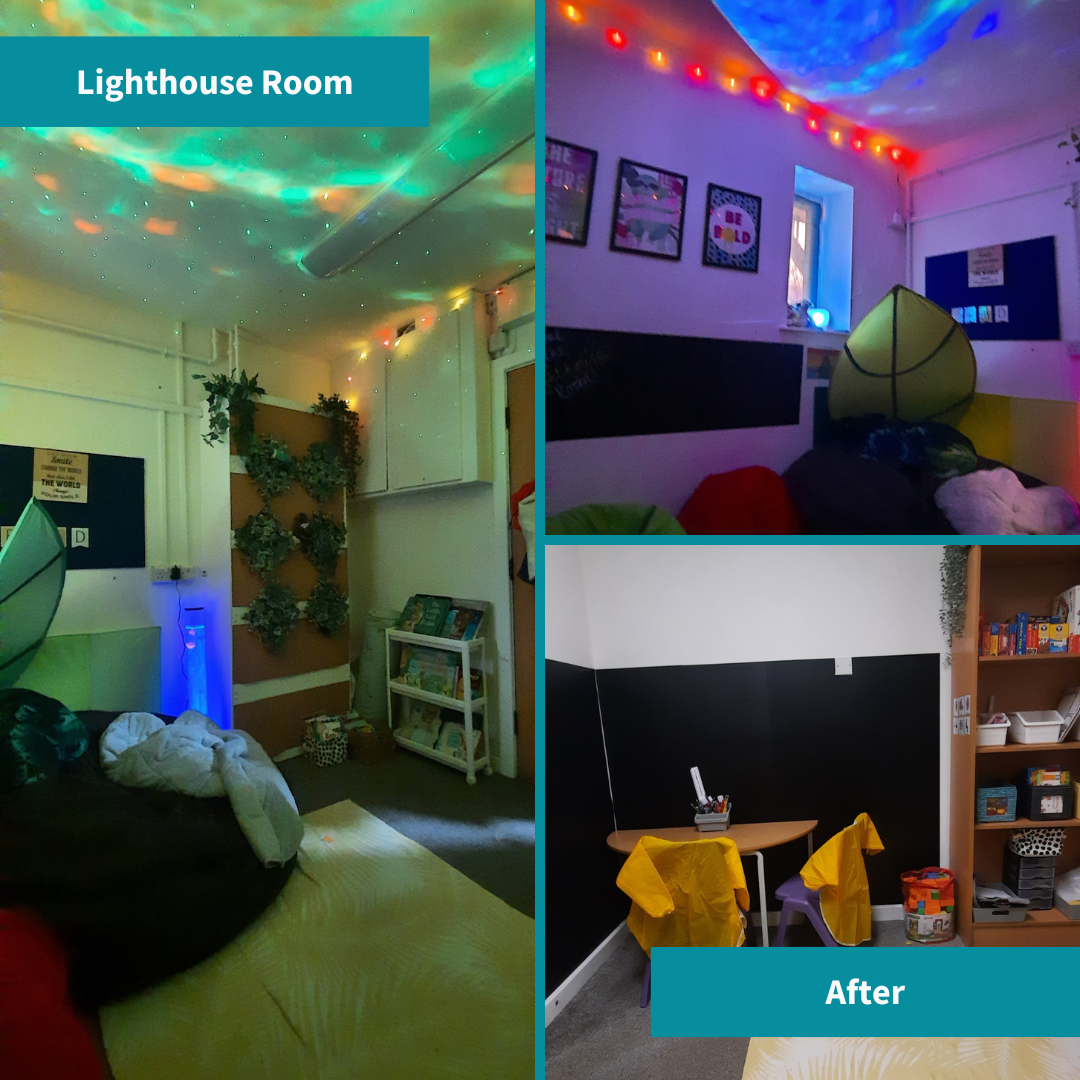 Children's Mental Health Week. Lighthouse Room After shots. Room has soft green lighting, giant beanbag, creative corner with full wall chalkboard.