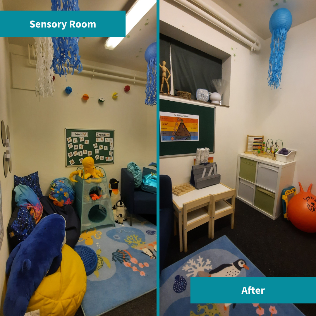 Children's Mental Health Week. Sensory Room After Shots. Room is full of calm lighting, comfy seating and sensory toys.