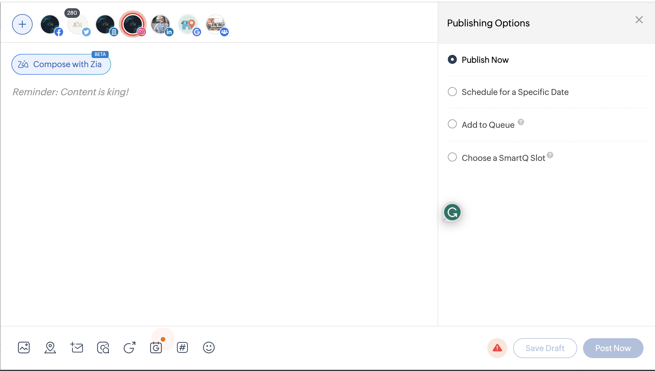 New Post editing screen in zoho social